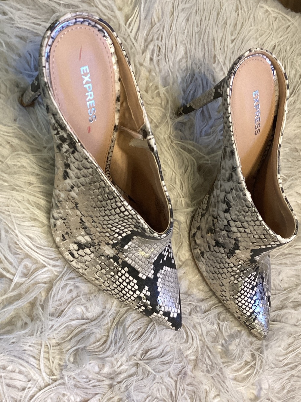 Express Snake-Print Pointed Toe Mules in Beige and Black